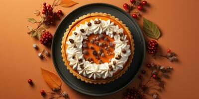 Appetizing pumpkin pie. Pie close-up. The theme of cooking and autumn. Generative AI photo