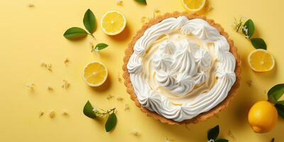 Lemon pie on a dark background. Appetizing pie close-up. Lemons. Generative AI photo