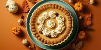 Appetizing pumpkin pie. Pie close-up. The theme of cooking and autumn. Generative AI photo