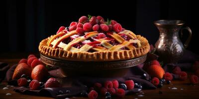 Raspberry pie. Appetizing pie close-up. Cowberry. Blueberry. Generative AI photo