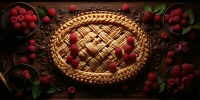 Raspberry pie. Appetizing pie close-up. Cowberry. Blueberry. Generative AI photo