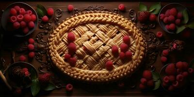 Raspberry pie. Appetizing pie close-up. Cowberry. Blueberry. Generative AI photo