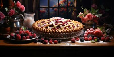 Raspberry pie. Appetizing pie close-up. Cowberry. Blueberry. Generative AI photo