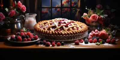 Raspberry pie. Appetizing pie close-up. Cowberry. Blueberry. Generative AI photo