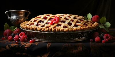 Raspberry pie. Appetizing pie close-up. Cowberry. Blueberry. Generative AI photo