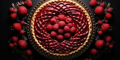 Raspberry pie. Appetizing pie close-up. Cowberry. Blueberry. Generative AI photo