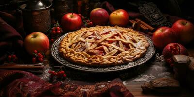 Fruit pie. Appetizing pie close-up. Sweets. Generative AI photo