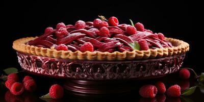 Raspberry pie. Appetizing pie close-up. Cowberry. Blueberry. Generative AI photo