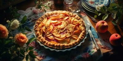 Peach pie. Appetizing pie close-up. apples, fruits. Generative AI photo