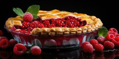 Raspberry pie. Appetizing pie close-up. Fruits. Generative AI photo