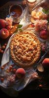 Peach pie. Appetizing pie close-up. apples, fruits. Generative AI photo