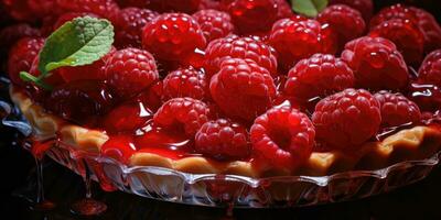 Raspberry pie. Appetizing pie close-up. Fruits. Generative AI photo