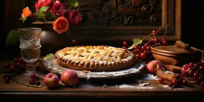 Raspberry pie. Appetizing pie close-up. Fruits. Generative AI photo