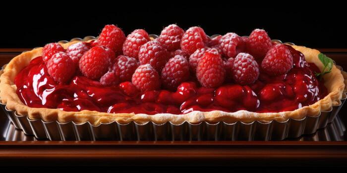 Raspberry pie. Appetizing pie close-up. Fruits. Generative AI photo