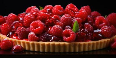 Raspberry pie. Appetizing pie close-up. Fruits. Generative AI photo