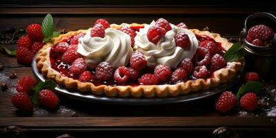 Raspberry pie. Appetizing pie close-up. Cowberry. Blueberry. Generative AI photo