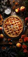 Peach pie. Appetizing pie close-up. apples, fruits. Generative AI photo