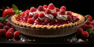 Raspberry pie. Appetizing pie close-up. Fruits. Generative AI photo