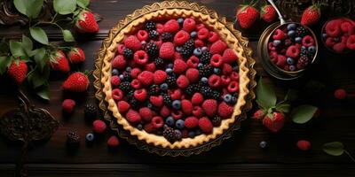 Raspberry pie. Appetizing pie close-up. Cowberry. Blueberry. Generative AI photo