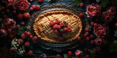 Raspberry pie. Appetizing pie close-up. Cowberry. Blueberry. Generative AI photo