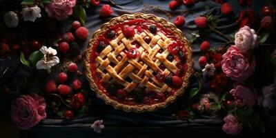 Raspberry pie. Appetizing pie close-up. Cowberry. Blueberry. Generative AI photo