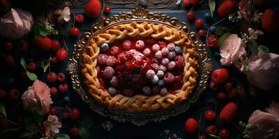 Raspberry pie. Appetizing pie close-up. Cowberry. Blueberry. Generative AI photo