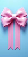 Pink 3D bow, on a blue background. Generative AI photo