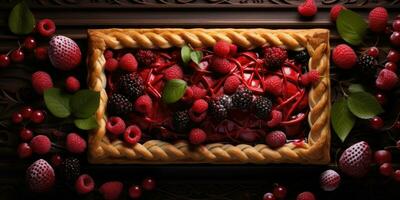 Raspberry pie. Appetizing pie close-up. Cowberry. Blueberry. Generative AI photo