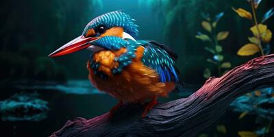 Bright image of a kingfisher in the forest. Ornithology. Generative AI photo