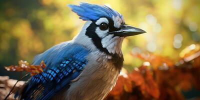 Blue jay on a branch. Bird in the forest. Ornithology. Generative AI photo