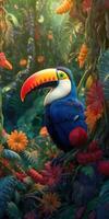 Bright colorful image of a toucan in the jungle. Exotic birds. Generative AI photo