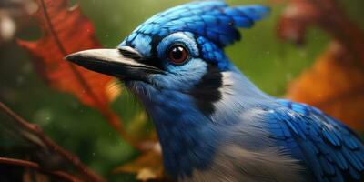 Blue jay on a branch. Bird in the forest. Ornithology. Generative AI photo