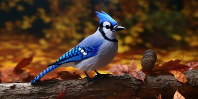 Blue jay on a branch. Bird in the forest. Ornithology. Generative AI photo