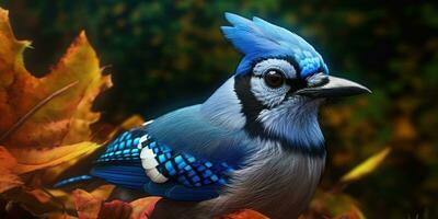 Blue jay on a branch. Bird in the forest. Ornithology. Generative AI photo