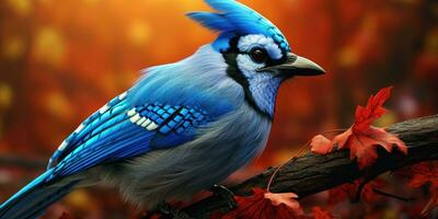 Blue jay on a branch. Bird in the forest. Ornithology. Generative AI photo