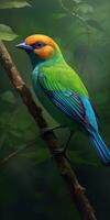 pájaro de cabeza verde oriol en un rama de cerca. generativo ai foto