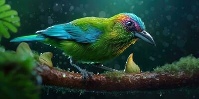 Bird green-headed oriole on a branch close-up. Generative AI photo
