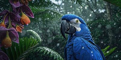 azul guacamayo, loro en un rama de cerca. generativo ai foto