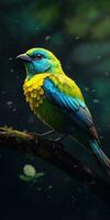 Bird green-headed oriole on a branch close-up. Generative AI photo