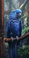 Blue macaw, parrot on a branch close-up. Generative AI photo