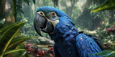 Blue macaw, parrot on a branch close-up. Generative AI photo