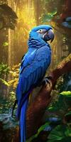 Blue macaw, parrot on a branch close-up. Generative AI photo