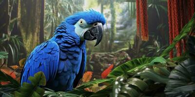 Blue macaw, parrot on a branch close-up. Generative AI photo