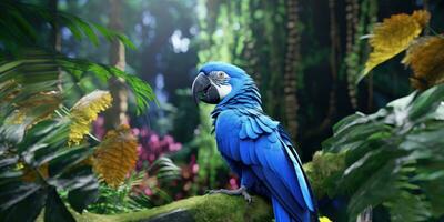 Blue macaw, parrot on a branch close-up. Generative AI photo