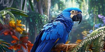 Blue macaw, parrot on a branch close-up. Generative AI photo