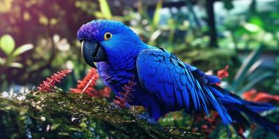 Blue macaw, parrot on a branch close-up. Generative AI photo