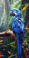 Blue macaw, parrot on a branch close-up. Generative AI photo