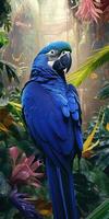 Blue macaw, parrot on a branch close-up. Generative AI photo