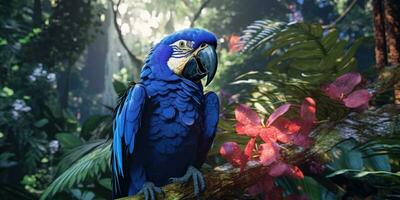 Blue macaw, parrot on a branch close-up. Generative AI photo