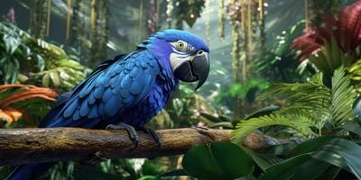 Blue macaw, parrot on a branch close-up. Generative AI photo